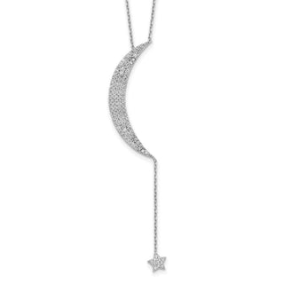 Sterling Silver Rhodium-plated CZ Moon and Star w/2in ext. Necklace