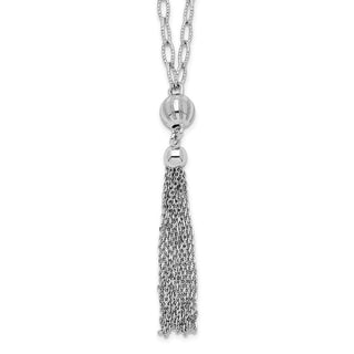 Rhodium-plated Sterling Silver Diamond-cut Polished Beaded Tassel Necklace