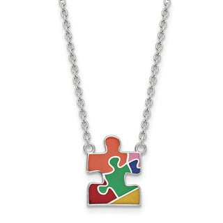 Sterling Silver Rhodium-plated Enameled Autism Puzzle Piece Necklace