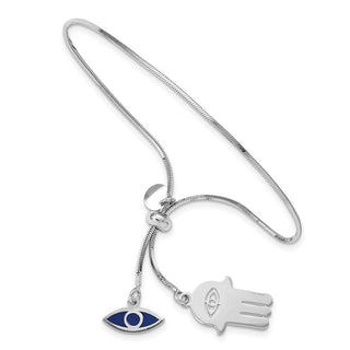 8.5" Sterling Silver Rhodium-plated Enamel Eye and Hamsa Adjustable Bracelet