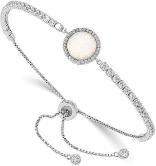 Rhodium-plate Sterling Silver Lab-Created Opal and CZ Adjustable Bracelet