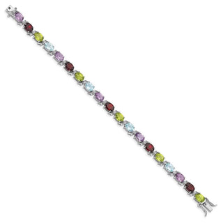 7.5" Sterling Silver Rhodium-plated Oval Multicolor Gemstone Bracelet