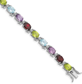 7.5" Sterling Silver Rhodium-plated Oval Multicolor Gemstone Bracelet