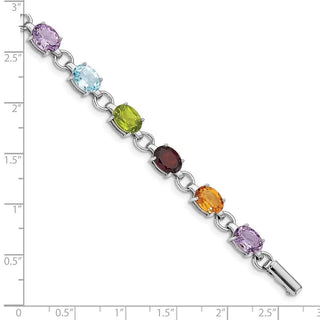 7.25" Sterling Silver Rhodium-plated Oval Multicolor Gemstone Bracelet