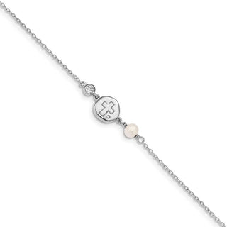 6.75" Sterling Silver Rhodium-plated CZ/Cross/Freshwater Cultured Pearl w/0.5in ext Bracelet