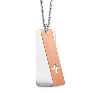 Sterling Silver Dogtag w/Rose-tone Cross w/ 1.25in .ext Necklace