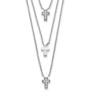 Sterling Silver Rhodium-plated Three Strand CZ Cross w/ 2in ext. Necklace
