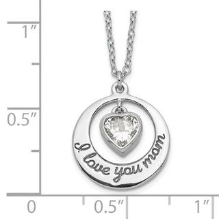 Sterling Silver Rhodium-plated CZ Heart LOVE YOU MOM w/2in ext Necklace