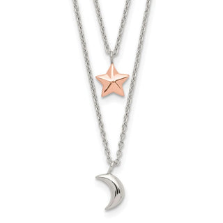 Sterling Silver Rose-Tone 2-strand Moon and Star w/1in ext Necklace