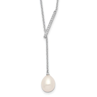 18" Sterling Silver Rhodium-plated CZ Bar/Freshwater Cultured Pearl w/2in ext Necklace