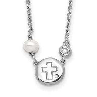 16" Sterling Silver Rhodium-plated CZ/Cross/Freshwater Cultured Pearl w/2in ext Necklace