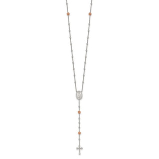 21" Sterling Silver Beaded Rosary with Pink Roses Necklace