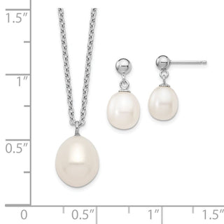 Sterling Silver Rhodium-plated 8-9mm Rice Freshwater Cultured Pearl Necklace/Earrings Set