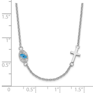 Sterling Silver CZ Enamel Cross w/Eye 16.5in w/2in ext Necklace