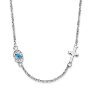 Sterling Silver CZ Enamel Cross w/Eye 16.5in w/2in ext Necklace