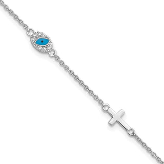 7.5" Sterling Silver Rhodium-plated CZ Enamel Cross w/Eye 6.5in w/1in ext Bracelet