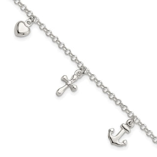 7.5" Sterling Silver Cross, Anchor, Heart Bracelet