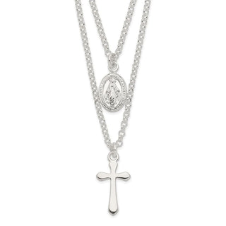 Sterling Silver Polished Medallion & Cross Necklace