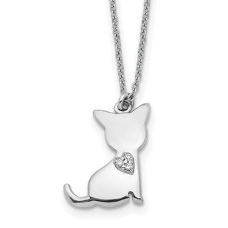 Rhodium-plated Sterling Silver CZ Heart Cat Necklace