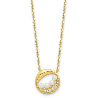 Sterling Silver Gold-tone CZ & Simulated Pearl 2in ext Necklace QG6194-16