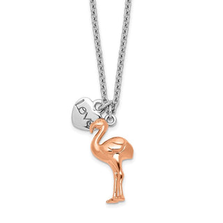 Sterling Silver Rose Gold-plated Flamingo Heart w/1in ext Necklace