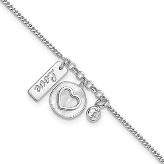 7" Sterling Silver Rhodium-plated Satin Heart Love CZ with .5in Ext Bracelet