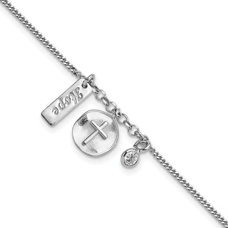 7" Sterling Silver Rhodium-plated Satin Cross Hope CZ with .5in Ext Bracelet