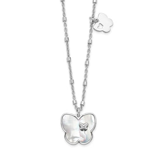 15.5" Sterling Silver Rhodium-plated Mother of Pearl Butterfly w/1in Ext Necklace