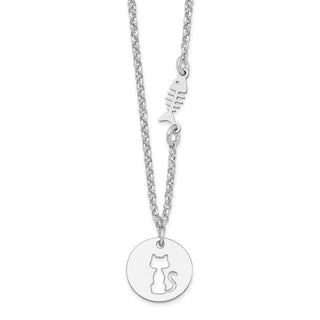Rhodium-plated Sterling Silver Kitty and Fish w/1 in Ext Necklace