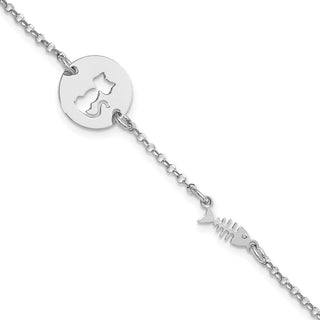7" Sterling Silver Rhodium-plated Kitty and Fish w/.5 in Ext Bracelet