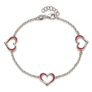 7" Sterling Silver Rhodium-plated Red Enamel 3-Heart w/.5 in Ext Bracelet