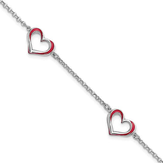 7" Sterling Silver Rhodium-plated Red Enamel 3-Heart w/.5 in Ext Bracelet