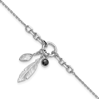7" Sterling Silver Rhodium-plated Feather and CZ w/.5 in Ext Bracelet