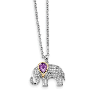 Sterling Silver & 14k Yellow Gold Accent Amethyst & Diamond Elephant 18inch Necklace