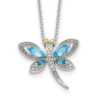 Sterling Silver & 14k Yellow Gold Accent Blue Topaz & Diamond Dragonfly 18inch Necklace