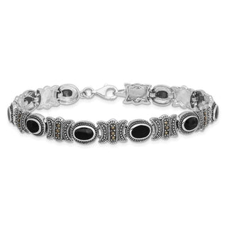 7.25" Sterling Silver Rhodium-plated Marcasite and Black Onyx Bracelet