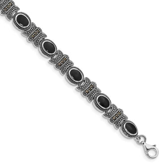 7.25" Sterling Silver Rhodium-plated Marcasite and Black Onyx Bracelet