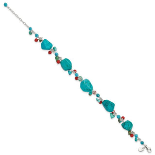 7.5" Sterling Silver Dyed Howlite, Impregnated Turquoise & Red Coral Bracelet