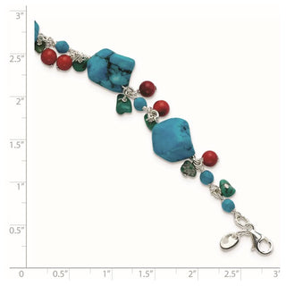 7.5" Sterling Silver Dyed Howlite, Impregnated Turquoise & Red Coral Bracelet