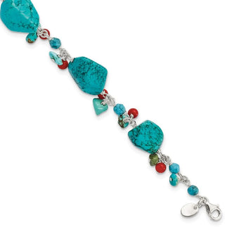 7.5" Sterling Silver Dyed Howlite, Impregnated Turquoise & Red Coral Bracelet
