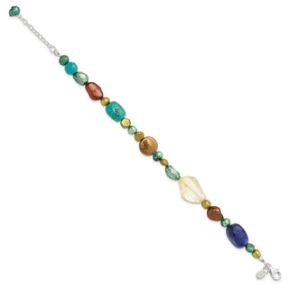 7.5" Sterling Silver Citrine/Lapis/Dyed Howlite/Freshwater Cultured Pearl Bracelet