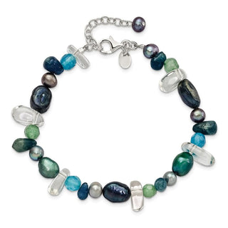 7.75" Sterling Silver Aventurine, Synthetic Blue Quartz/Freshwater Cultured Pearl Bracelet
