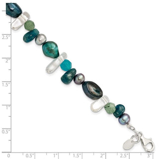 7.75" Sterling Silver Aventurine, Synthetic Blue Quartz/Freshwater Cultured Pearl Bracelet