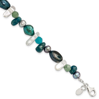 7.75" Sterling Silver Aventurine, Synthetic Blue Quartz/Freshwater Cultured Pearl Bracelet
