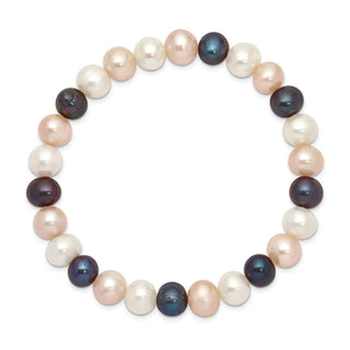 7.5" 8-9mm White/Peach/Black Freshwater Cultured Pearl Stretch Bracelet