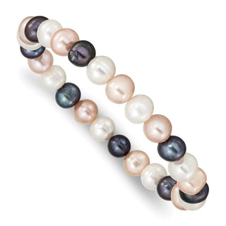 7.5" 8-9mm White/Peach/Black Freshwater Cultured Pearl Stretch Bracelet