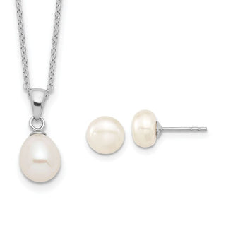 Sterling Silver Rhodium-plated Freshwater Cultured Pearl Necklace/Stud Earrings Set