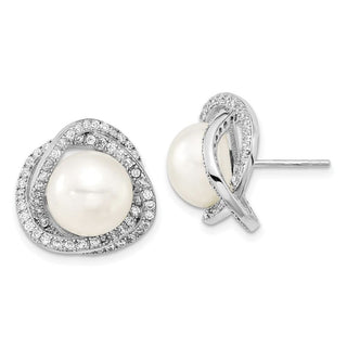 Sterling Silver Rhodium-plated 10-12mm Freshwater Cultured Pearl CZ Necklace/Earrings Set