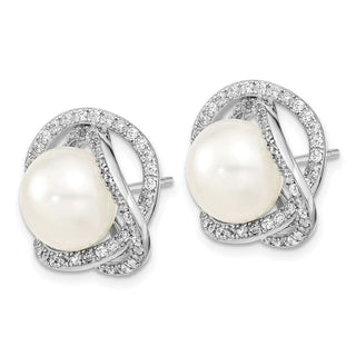 Sterling Silver Rhodium-plated 10-12mm Freshwater Cultured Pearl CZ Necklace/Earrings Set
