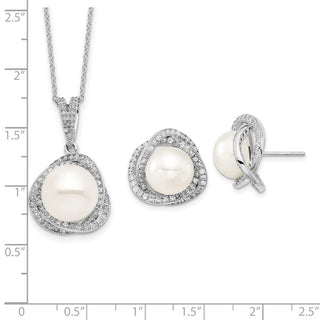 Sterling Silver Rhodium-plated 10-12mm Freshwater Cultured Pearl CZ Necklace/Earrings Set